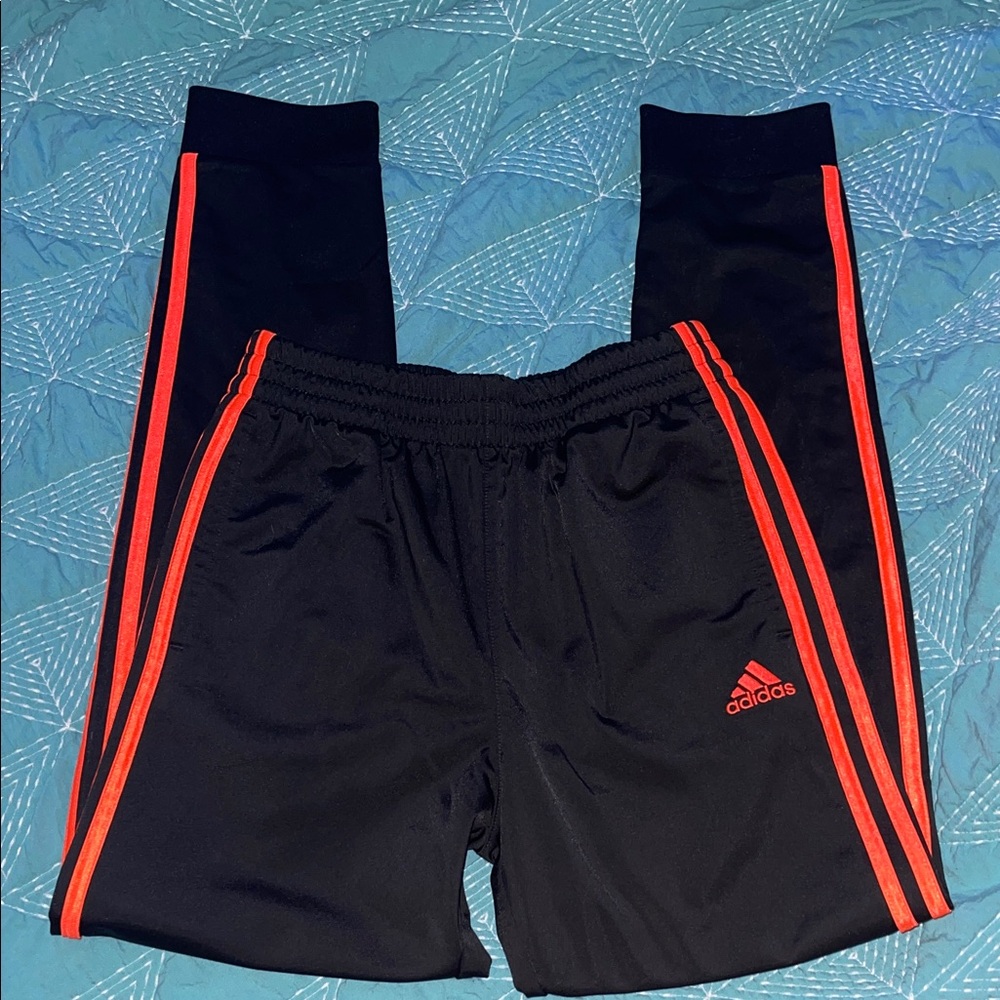 Adidas Boys Size Large Black Joggers with Bright Orange Color Accents